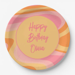Happy Birthday Retro-Vibe Abstracter Strudel 60er Pappteller