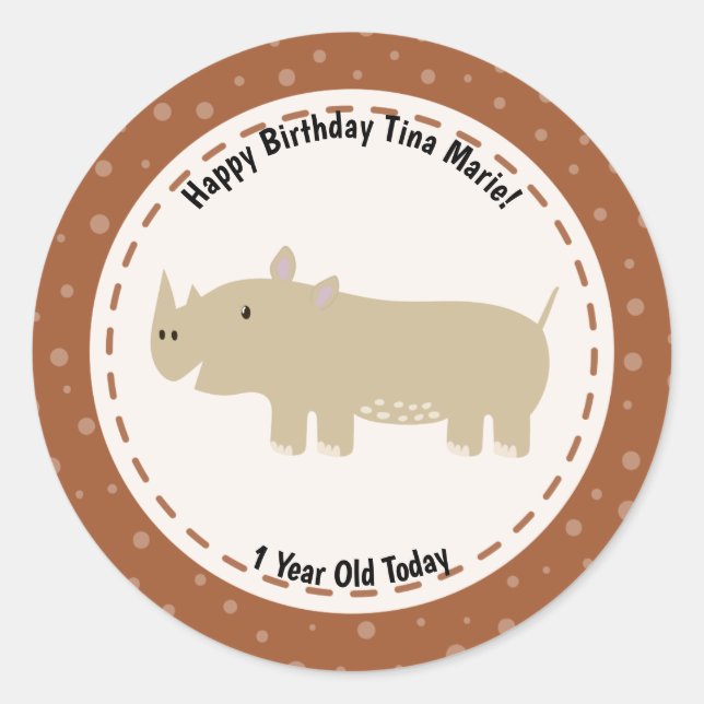 Happy Birthday Rhinoceros Rhino Zoo Tiere Runder Aufkleber (Vorderseite)