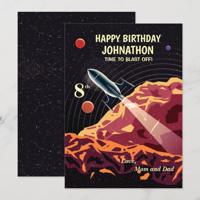 Happy Birthday Rocket Astronaut Kids Custom Card (Vorne/Hinten)