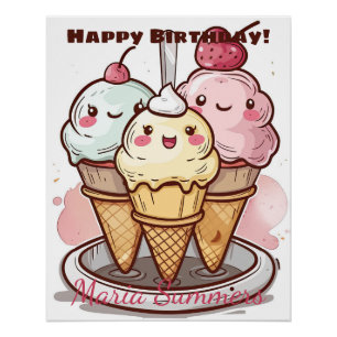 Happy Birthday Rolled Ice-Creme Kawaii Cartoon Poster
