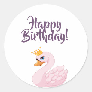 Happy Birthday rosa Prinzessin schwan auf weiß Runder Aufkleber