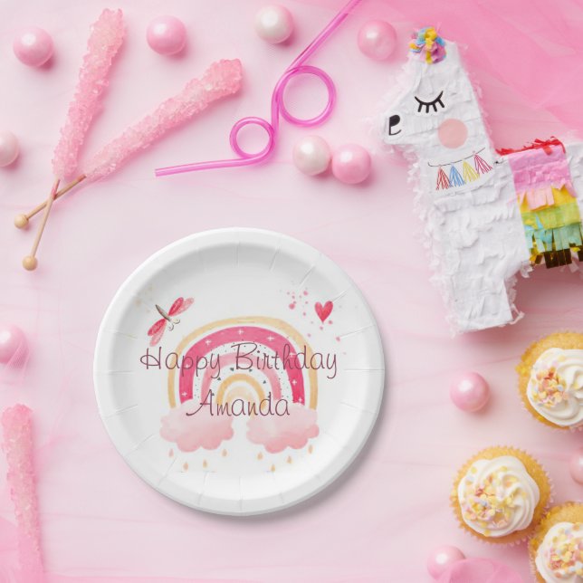 Happy Birthday Rosa Regenbogen personalisiert Pappteller (Party)