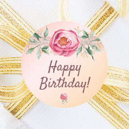 Happy Birthday Rosa Rosa Rosa Gold Blüte Runder Aufkleber