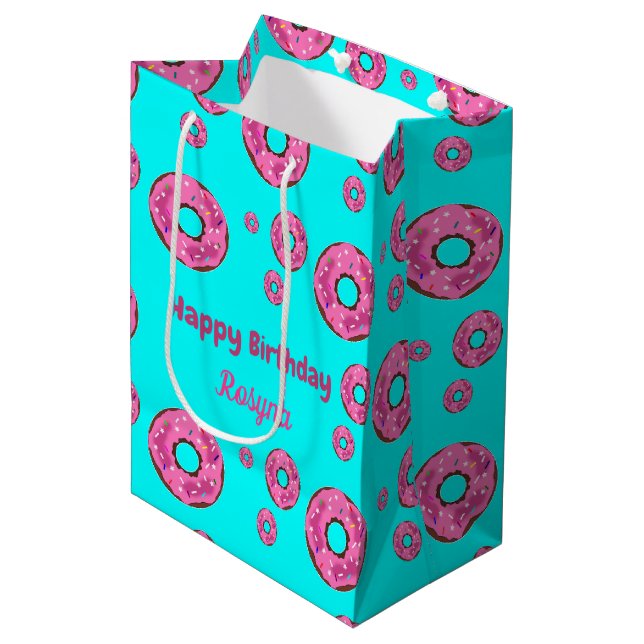 Happy Birthday Rosa Sahne Donuts blau Mittlere Geschenktüte (Vorderseite Schrägansicht)