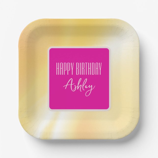 "Happy Birthday" Rosa und Gelbe Papierplatte Pappteller (Vorderseite)