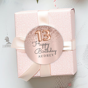 Happy Birthday Rose Gold Glitzer Ballon 13. Runder Aufkleber