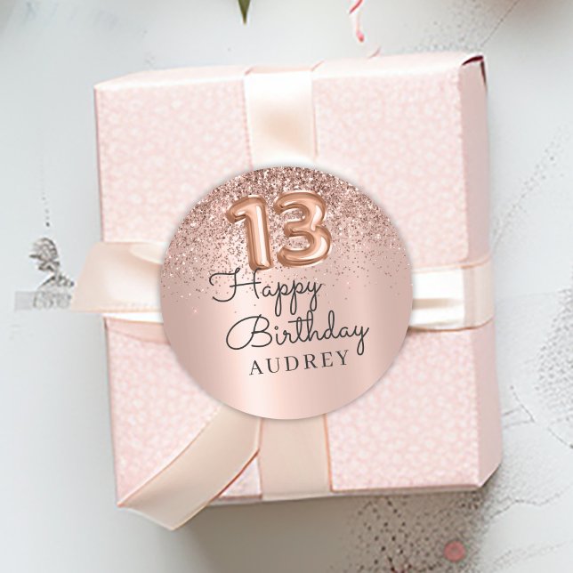 Happy Birthday Rose Gold Glitzer Ballon 13. Runder Aufkleber (Von Creator hochgeladen)