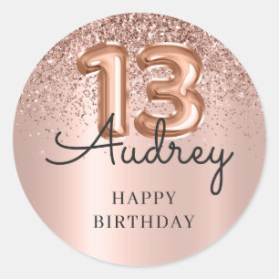 Happy Birthday Rose Gold Glitzer Ballon 13. Runder Aufkleber