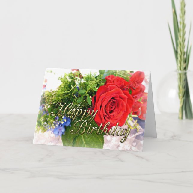 Happy Birthday Rote Rose Bouquet Card Karte (Vorderseite)