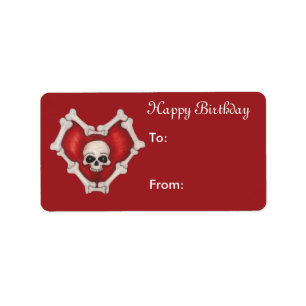 Happy Birthday Rotes Herz Knochen mit weißem Schäd Adressaufkleber