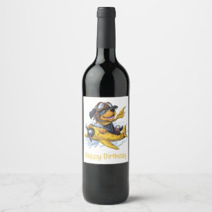 Happy Birthday Rottweiler Hund Pilot Flugzeug Weinetikett