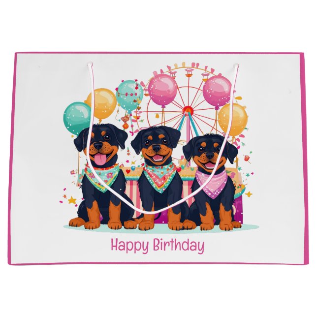 Happy Birthday Rottweiler Hunde im Karneval Große Geschenktüte (Vorderseite)