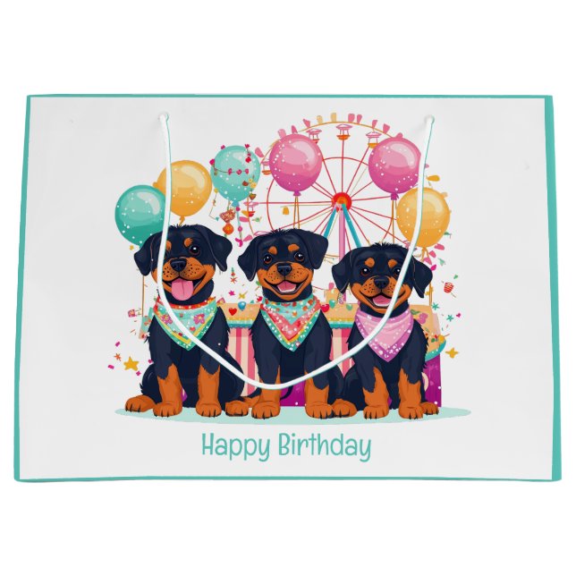 Happy Birthday Rottweiler Hunde im Karneval Große Geschenktüte (Vorderseite)