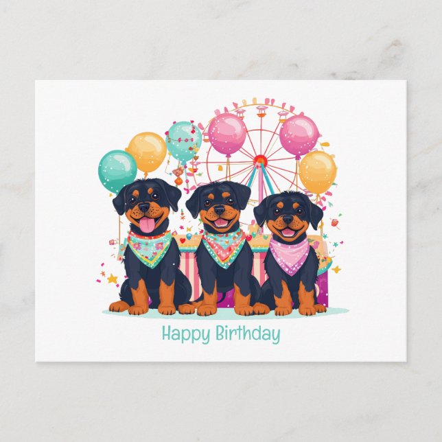 Happy Birthday Rottweiler Hunde im Karneval Postkarte (Vorderseite)