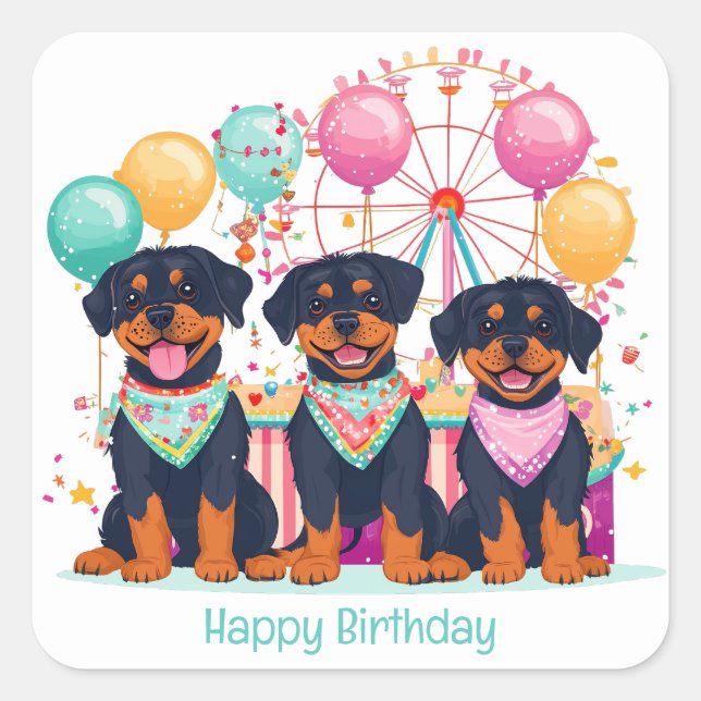 Happy Birthday Rottweiler Hunde im Karneval Quadratischer Aufkleber (Vorderseite)