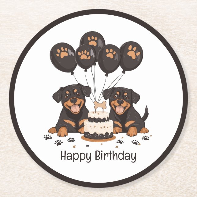 Happy Birthday Rottweiler Hunde Runder Pappuntersetzer (Vorderseite)