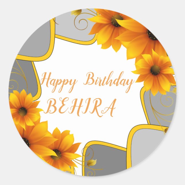 Happy Birthday Round Sticker Sonnenblumen (Vorderseite)