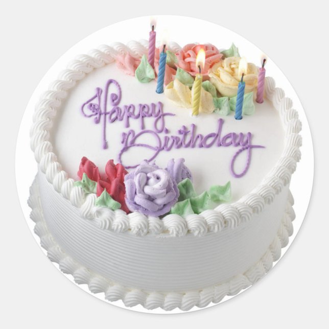 Happy Birthday Runder Aufkleber (Candles and colorful flowers on cake!)