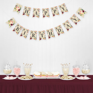 Happy Birthday Rustic Burgundy Pink Fall Floral Wimpelkette
