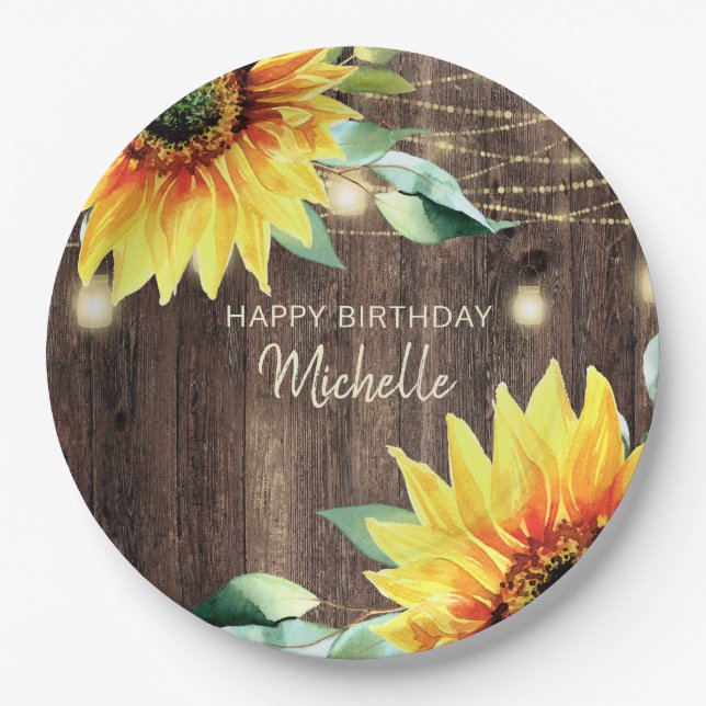 Happy Birthday Rustic Holz Sonnenblumen String Lig Pappteller (Vorderseite)