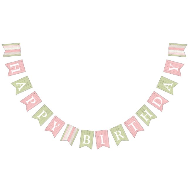Happy Birthday Rustic Sage Green Pink Floral Wood Wimpelkette (Alle)