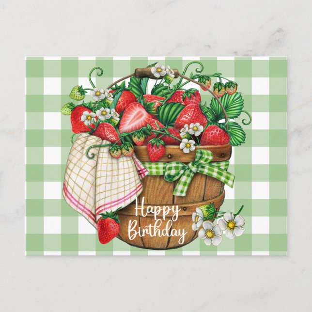 Happy Birthday Rustic Strawberry Frucht Basket Postkarte (Vorderseite)