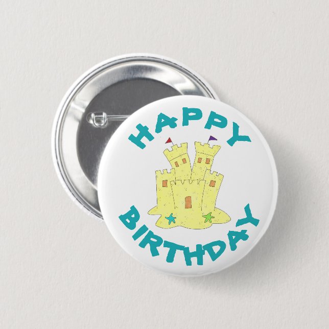 Happy Birthday Sandcastle Sand Castle Beach Party Button (Vorne & Hinten)