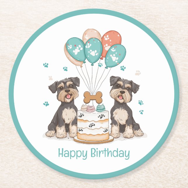 Happy Birthday Schnauzer Hunde Runder Pappuntersetzer (Vorderseite)