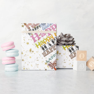 Happy Birthday Schrift Regenbogen Goldsterne Geschenkpapier