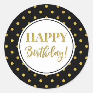 Happy Birthday Schwarz-weiß Gold Dots Runder Aufkleber