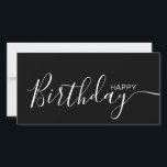 Happy Birthday Schwarz-weiß Modern Flat Card<br><div class="desc">Diese moderne und elegante Flachbild-Karte mit weißem Happy Birthday-Text auf der Vorderseite und auf der Rückseite personalisieren Sie ihn mit Ihrem Namen oder Familiennamen. Der Hintergrund ist schwarz.</div>