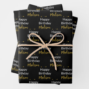 Happy Birthday Schwarz-weiß und Gold Script Name Geschenkpapier Set
