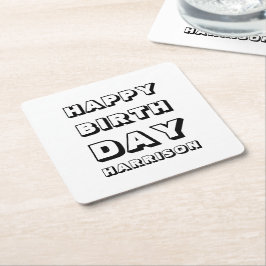 Happy Birthday Schwarz-weißer individuelle Name mo Rechteckiger Pappuntersetzer