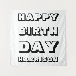 Happy Birthday Schwarz-weißer individuelle Name Mo Wandteppich