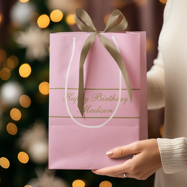 Happy Birthday Script Name Powder Pink Gold Mittlere Geschenktüte (Von Creator hochgeladen)