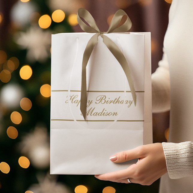 Happy Birthday Script Name White Gold Mittlere Geschenktüte (Von Creator hochgeladen)