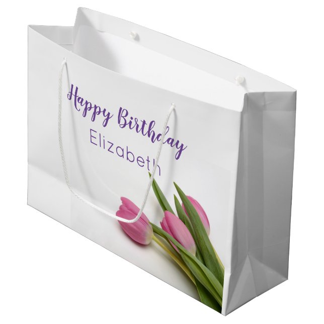 Happy Birthday Script Rosa Tulips Name Template Große Geschenktüte (Vorderseite Schrägansicht)