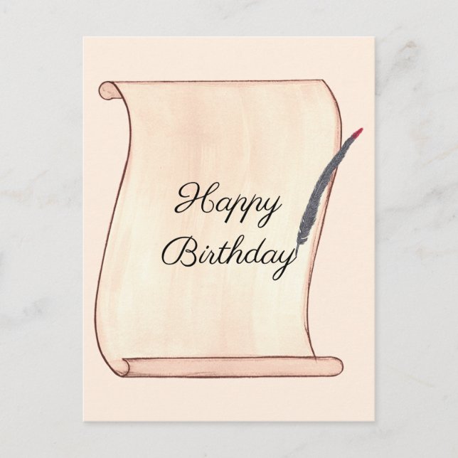 Happy Birthday Scroll und Quill Postcards Postkarte (Vorderseite)