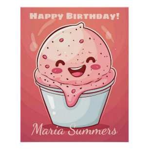 Happy Birthday Sherbet Ice-Creme Kawaii Cartoon Poster