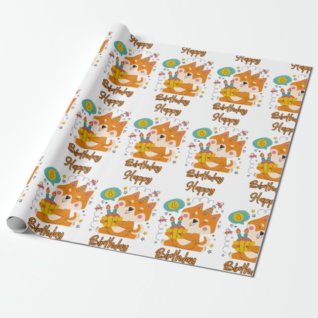 Happy Birthday Shiba Inu Wrapping Paper Geschenkpapier (Ungerollt)