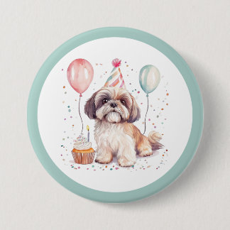 Happy Birthday Shih Tzu Dogs Cupcake Button
