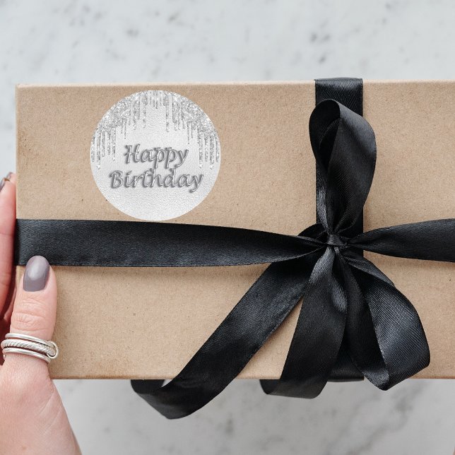 Happy Birthday Silber Glitzer Tropfen Metal Runder Aufkleber (Von Creator hochgeladen)