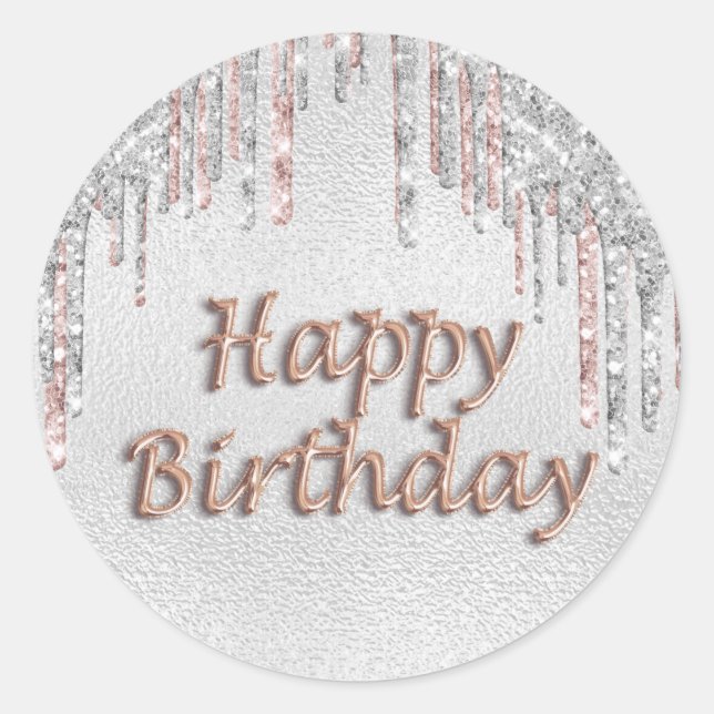 Happy Birthday Silber Glitzer Tropfen Rose Gold Ro Runder Aufkleber (Vorderseite)