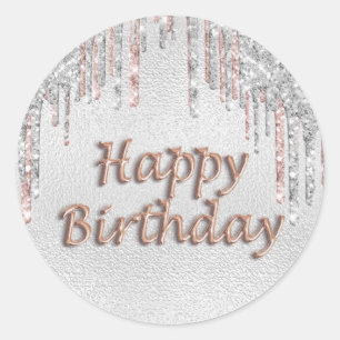 Happy Birthday Silber Glitzer Tropfen Rose Gold Ro Runder Aufkleber