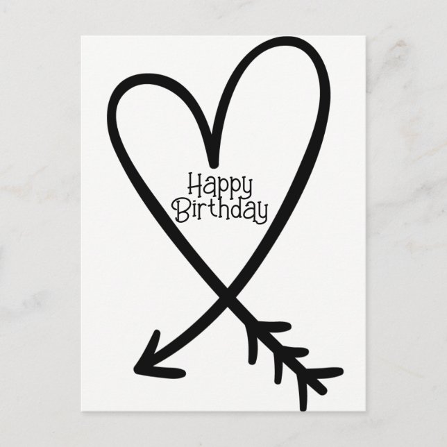 Happy Birthday Simple Heart Arrow Black Text Postkarte (Vorderseite)