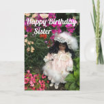 Happy Birthday Sister Black Doll Card Karte<br><div class="desc">Eine niedliche schwarze Puppe in Viktorianischem Kleid unter den Blume mit dem Text Happy Birthday Schwester</div>