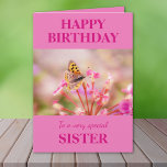 Happy Birthday Sister Butterfly Karte<br><div class="desc">Diese Geburtstagskarte enthält einen kleinen Kupfer-Schmetterling mit orangen und schwarzen gepunkteten Flügeln, die auf hellrosa Blume zart ruhen. Die Nachricht im Inneren lautet: "Möge dein Tag mit Freude und Glück gefüllt sein", die du ändern oder entfernen kannst, wenn du willst. Die Textfelder "To" und "From" können entfernt werden, wenn der...</div>