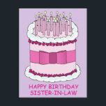 Happy Birthday Sister für Recht Cartoon Cake Postkarte<br><div class="desc">Ein großer Cartoon mit rosa-weißem Geburtstagskuchen auf mauvem Hintergrund mit den Worten 'Happy Birthday Schwesterschwester',  die unter dem Bild geschrieben sind.</div>
