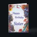 Happy Birthday Sister Glass Faces Card Karte<br><div class="desc">Diese Geburtstagskarte für eine Schwester zeichnet sich durch ein wunderbar künstlerisches und skurriles Design aus. Die Vorderseite der Karte zeigt sich in zwei eleganten, gemeißelten Frauenprofilen, die sich gegenüberstehen, gerahmt durch eine lebhafte Palette farbenfroher, zarter Blume, die ein Gefühl von Harmonie und Verbundenheit schaffen. Die Profile sind mit einer glatten,...</div>
