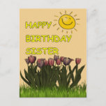 Happy Birthday Sister Sun und Blume Postkarte<br><div class="desc">Eine glückliche Geburtstagskarte,  um jedes Sister - Feld der Tulpen mit einer Happy Sun am Himmel zu fröhlich zu machen - Inside Text kann geändert werden,  um Ihre Bedürfnisse Anzug zu geben.</div>